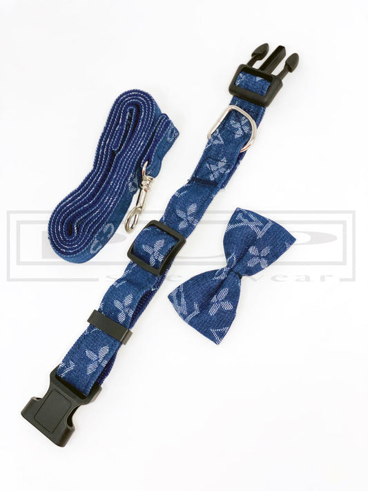Ellie Blaues Halsband und Leine mit Fliege