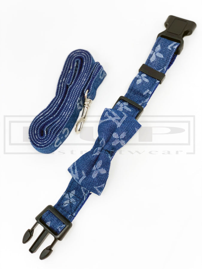 Ellie Blaues Halsband und Leine mit Fliege