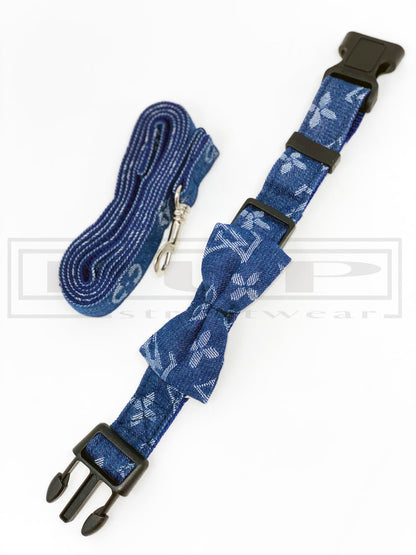 Ellie Blaues Halsband und Leine mit Fliege